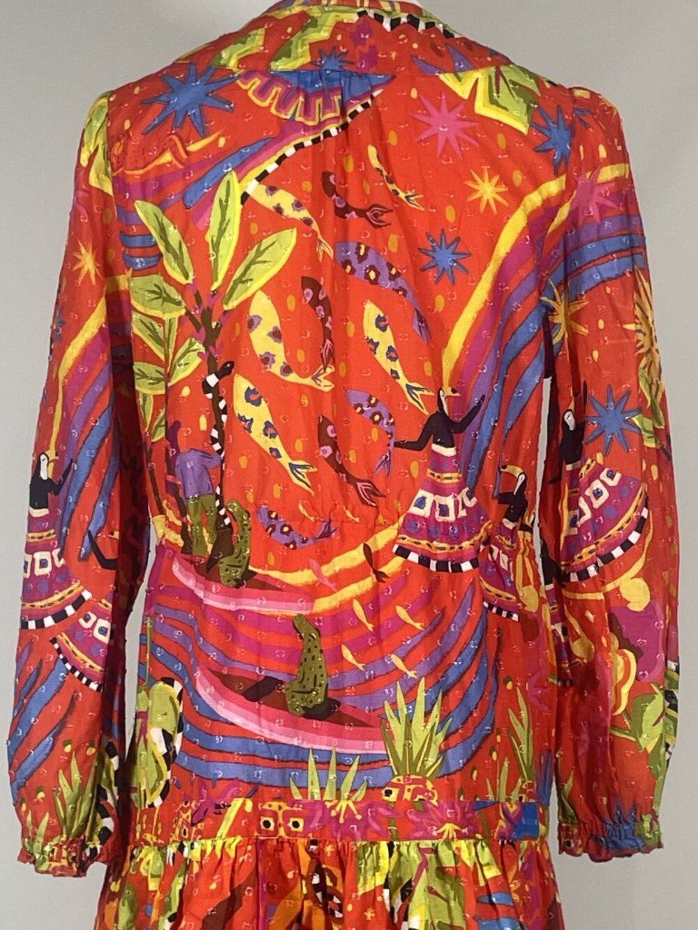 Farm Rio Magic Forest Vibrant Red Tiered Long Sleeve Mini Dress Size S - Picture 4 of 4